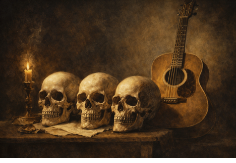 Three skulls with acoustic guitar and candle — 3Skullz brand artwork